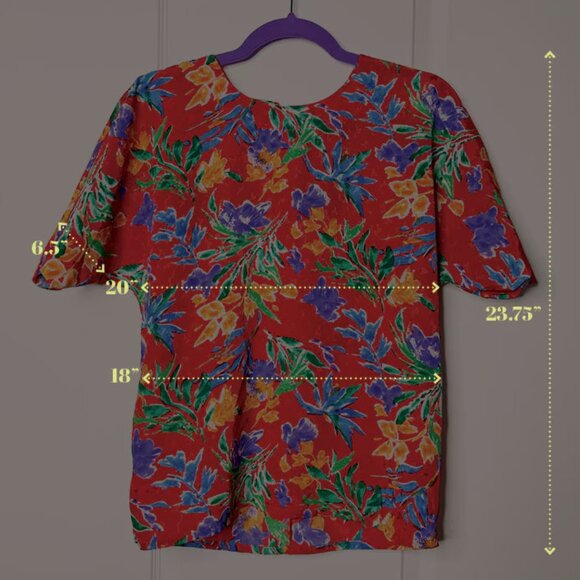 80s/90s Silk Red and Colorful Flowers Nicola Blouse - Picture 3 of 3